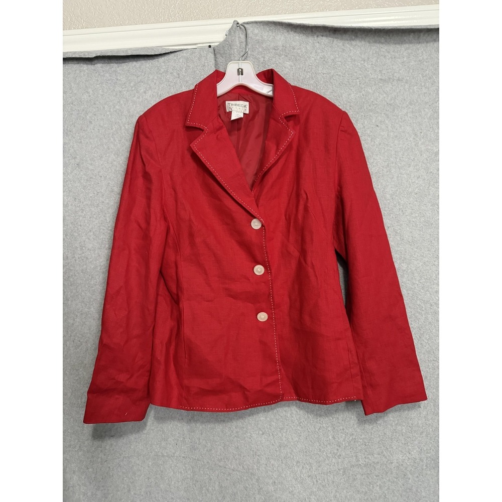 Tribeca Studio Blazer Womens 14 Red Linen 4 Button‎ Contrast Stitch Lined Jacket